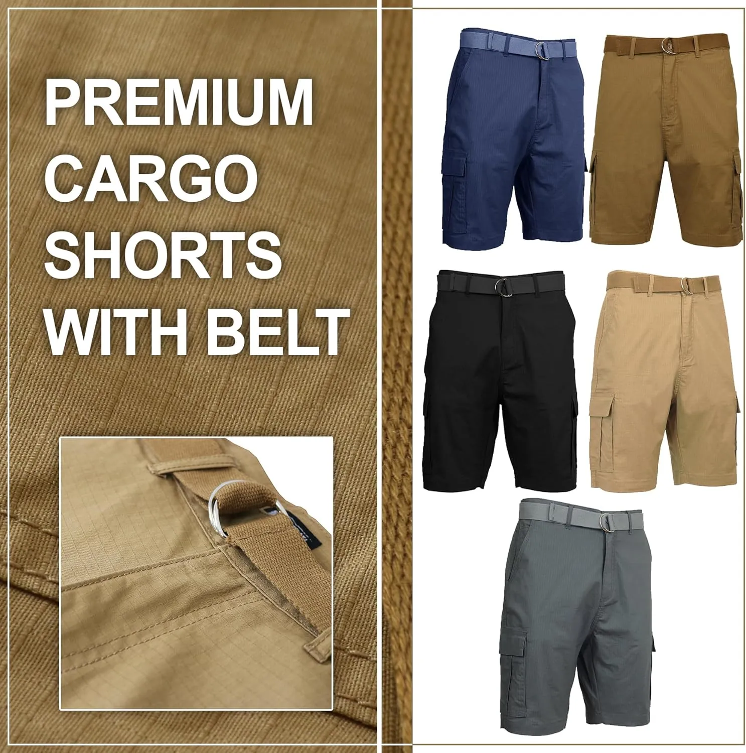 5-Pack Men's Cotton Flex Stretch Cargo Shorts with Belt (Sizes, 30-42)
