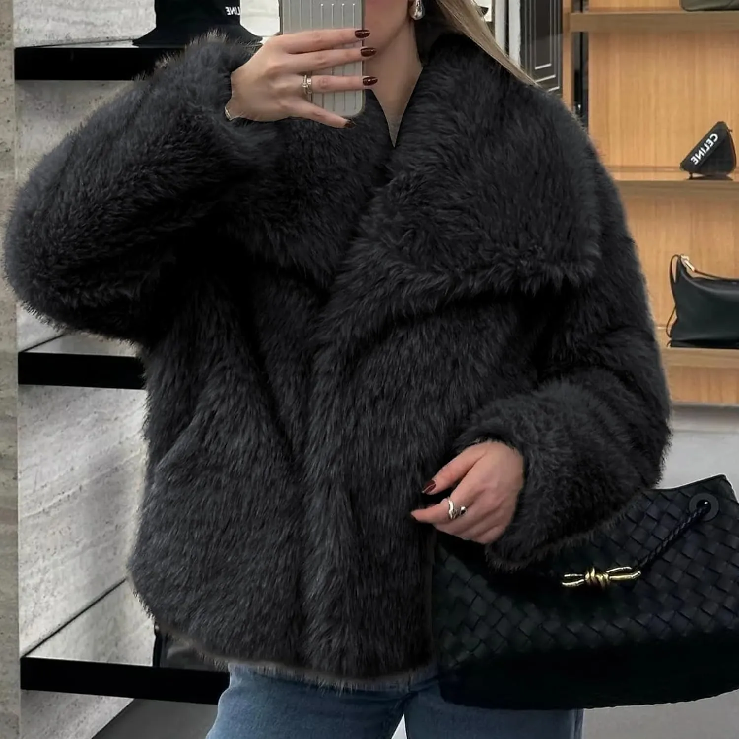 Ainangua Womens Faux Fur Coat Shaggy Oversized Lapel Button Fuzzy Ladies Jackets Warm Winter Outfits