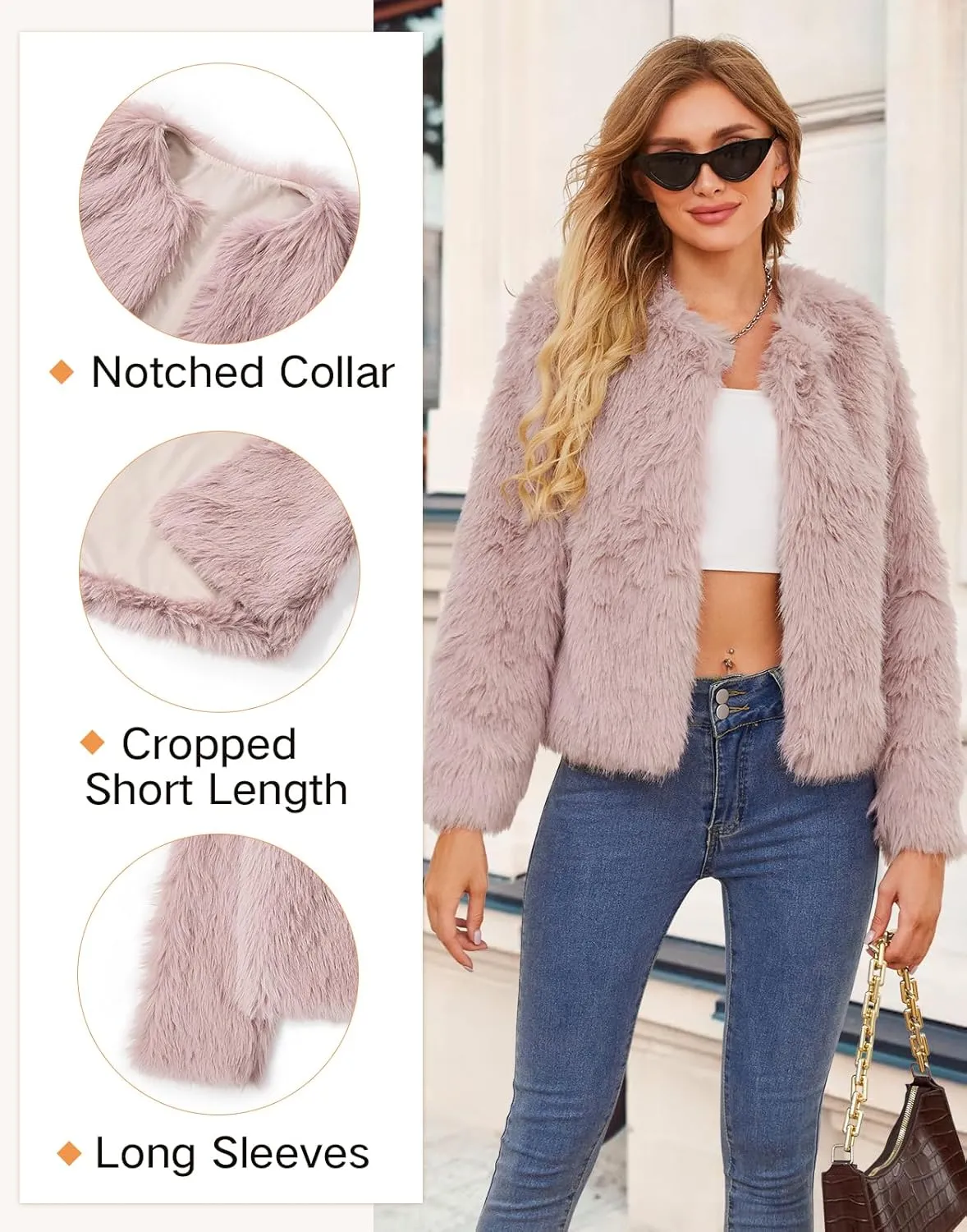 American Trends Womens Fleece Cropped Jacket Faux Fur Coats Long Sleeve Shaggy Warm Winter Clothes