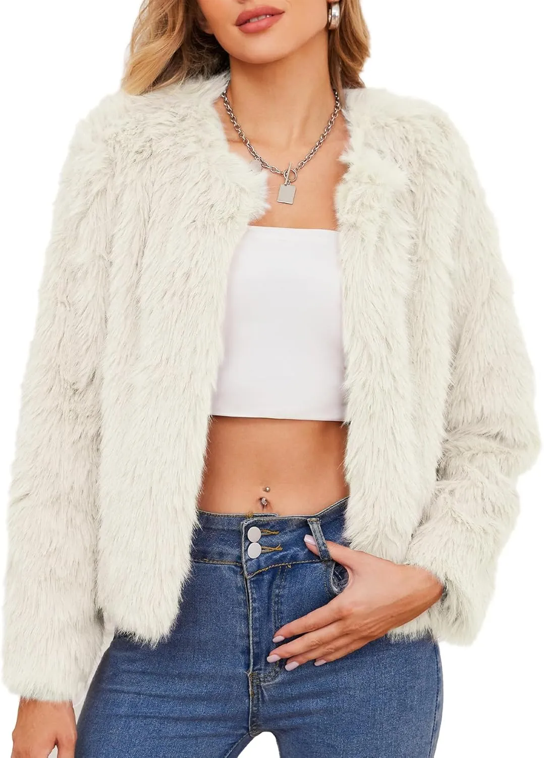 American Trends Womens Fleece Cropped Jacket Faux Fur Coats Long Sleeve Shaggy Warm Winter Clothes