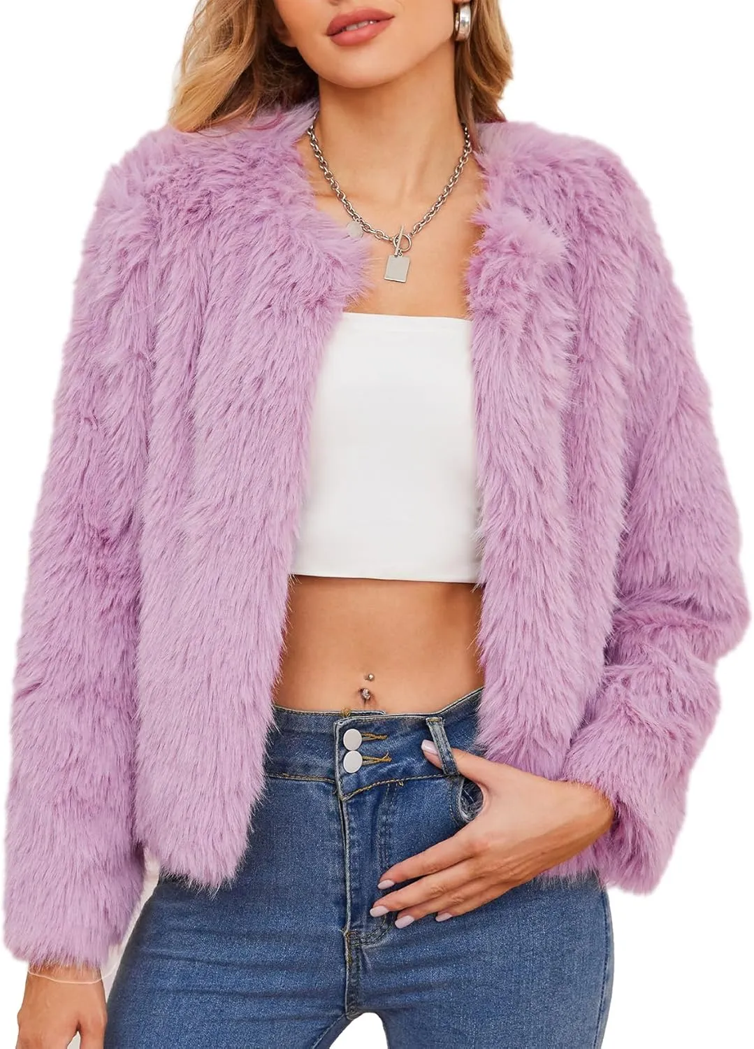 American Trends Womens Fleece Cropped Jacket Faux Fur Coats Long Sleeve Shaggy Warm Winter Clothes