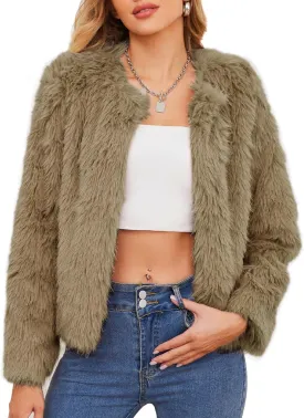 American Trends Womens Fleece Cropped Jacket Faux Fur Coats Long Sleeve Shaggy Warm Winter Clothes