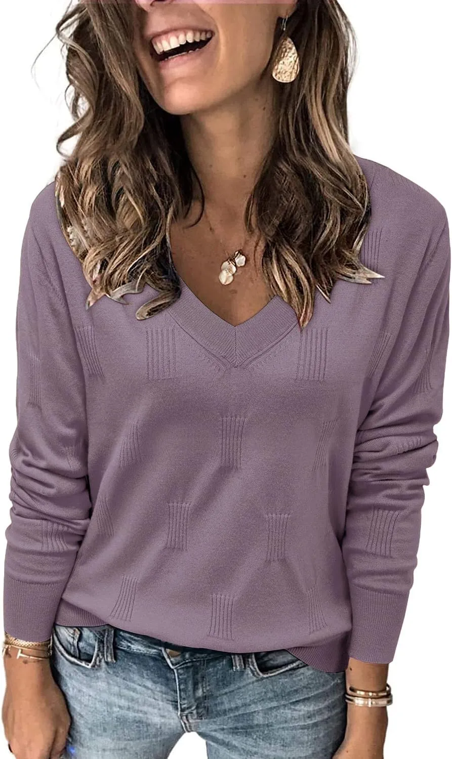 Arach&Cloz Women's Soft V Neck Long Sleeve Casual Loose Fit Sweater Tops