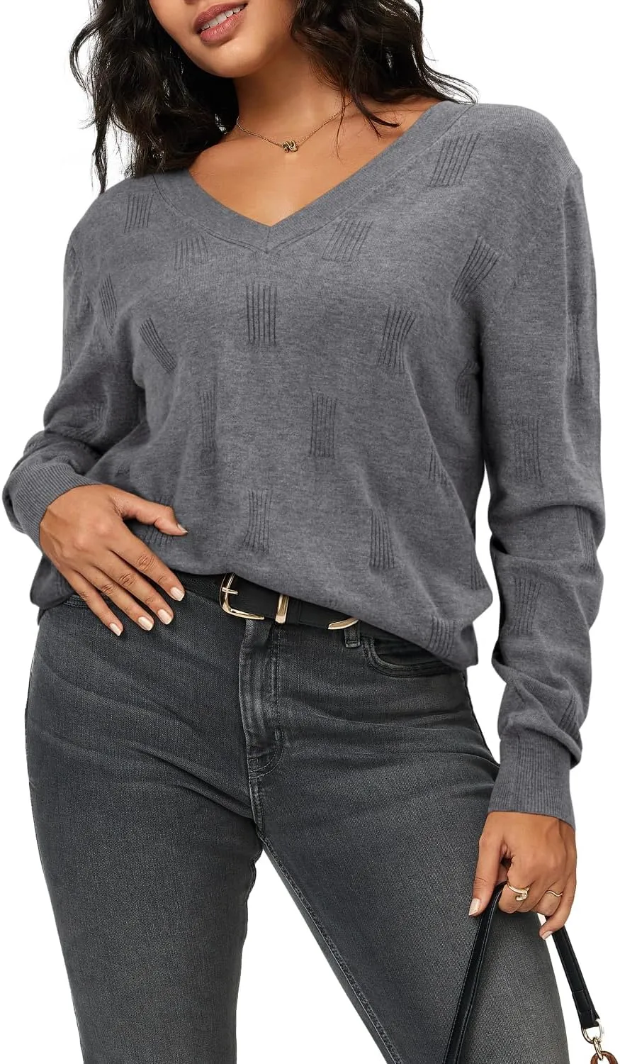 Arach&Cloz Women's Soft V Neck Long Sleeve Casual Loose Fit Sweater Tops