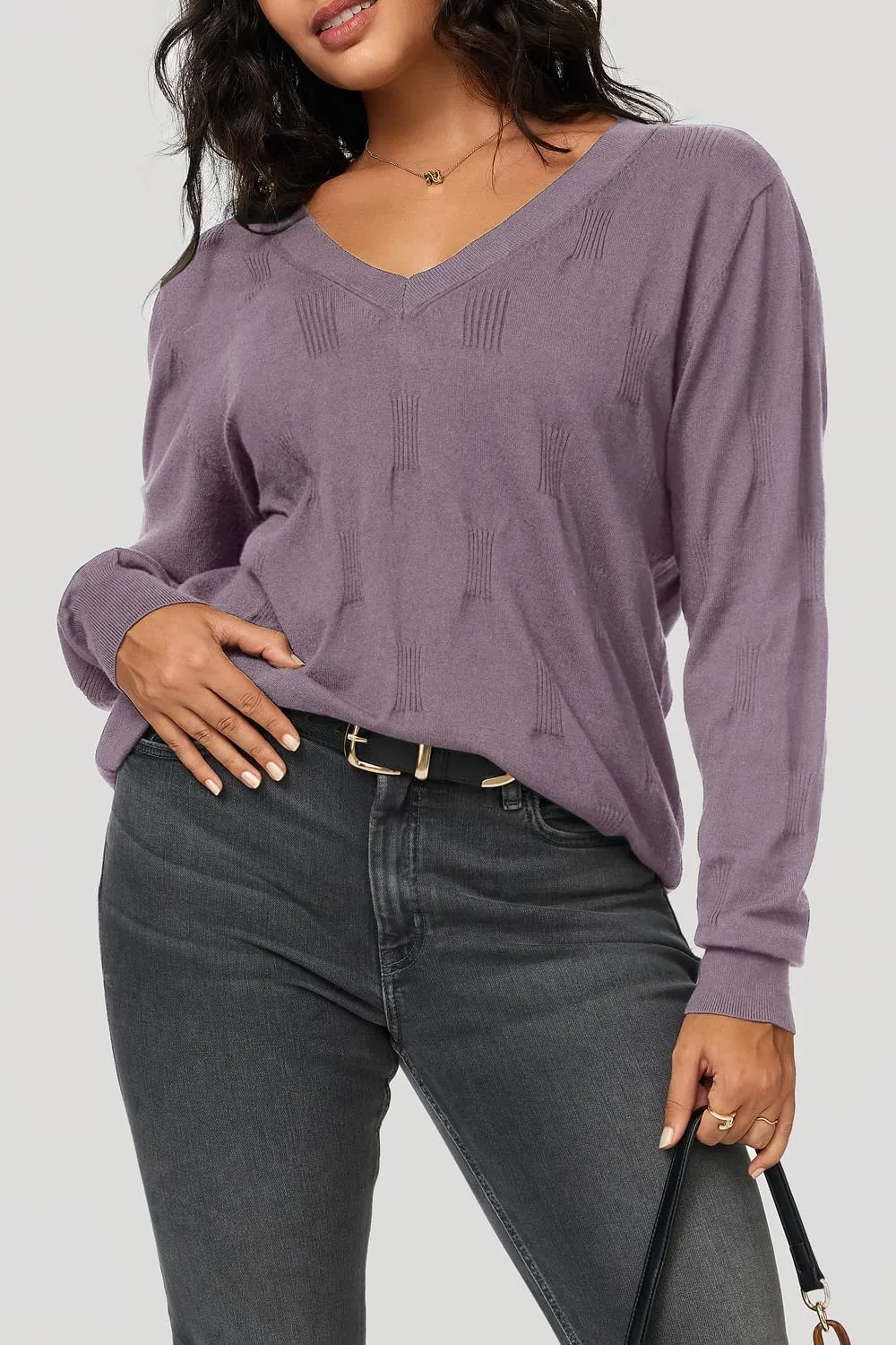 Arach&Cloz Women's Soft V Neck Long Sleeve Casual Loose Fit Sweater Tops