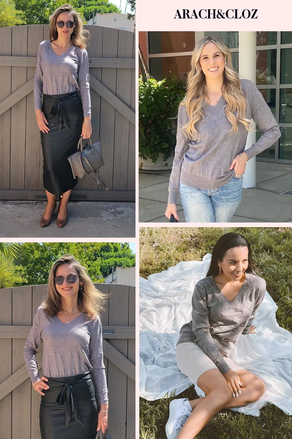 Arach&Cloz Women's Soft V Neck Long Sleeve Casual Loose Fit Sweater Tops