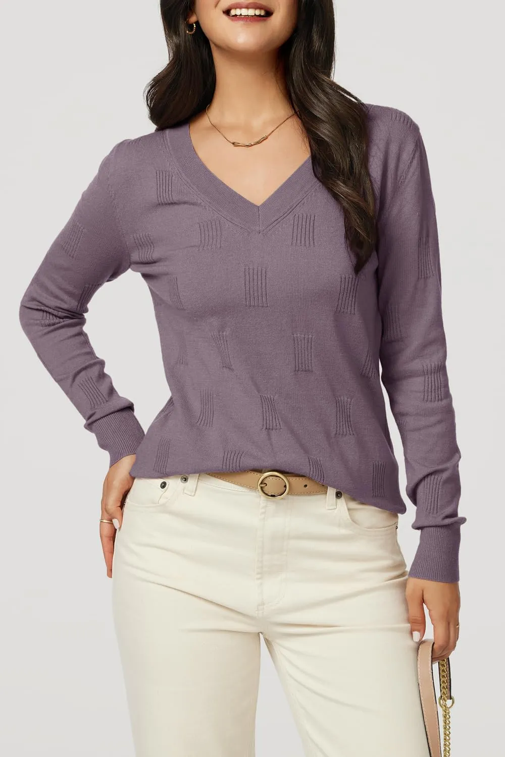 Arach&Cloz Women's Soft V Neck Long Sleeve Casual Loose Fit Sweater Tops