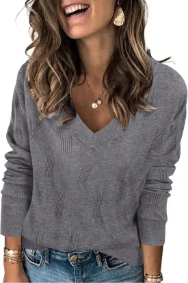 Arach&Cloz Women's Soft V Neck Long Sleeve Casual Loose Fit Sweater Tops