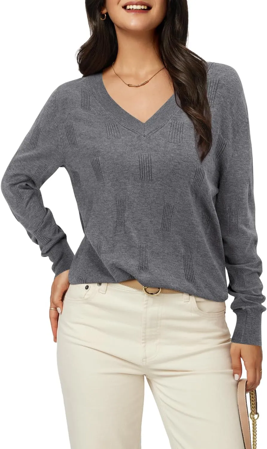 Arach&Cloz Women's Soft V Neck Long Sleeve Casual Loose Fit Sweater Tops