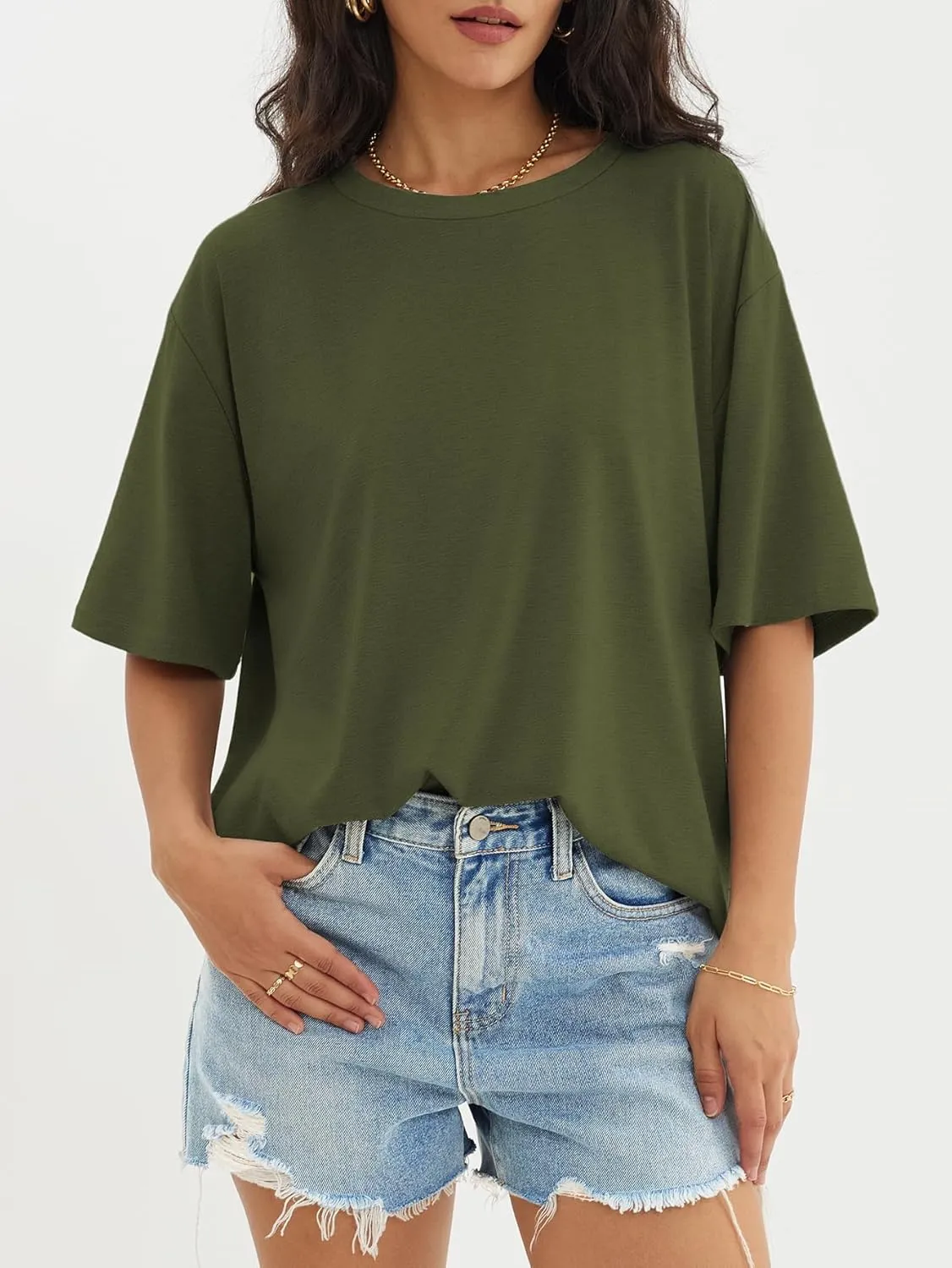 ATHMILE Womens Oversized T Shirts Loose Fit Crewneck Short Sleeve Tops Summer Casual Blouse Y2K 2025 Basic Tee Beach