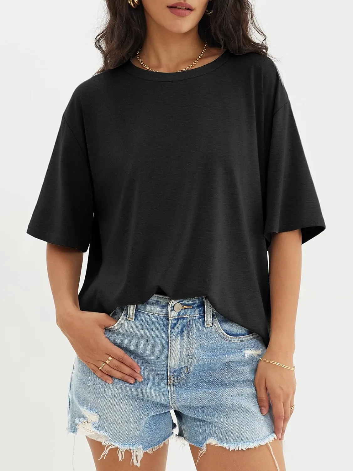 ATHMILE Womens Oversized T Shirts Loose Fit Crewneck Short Sleeve Tops Summer Casual Blouse Y2K 2025 Basic Tee Beach