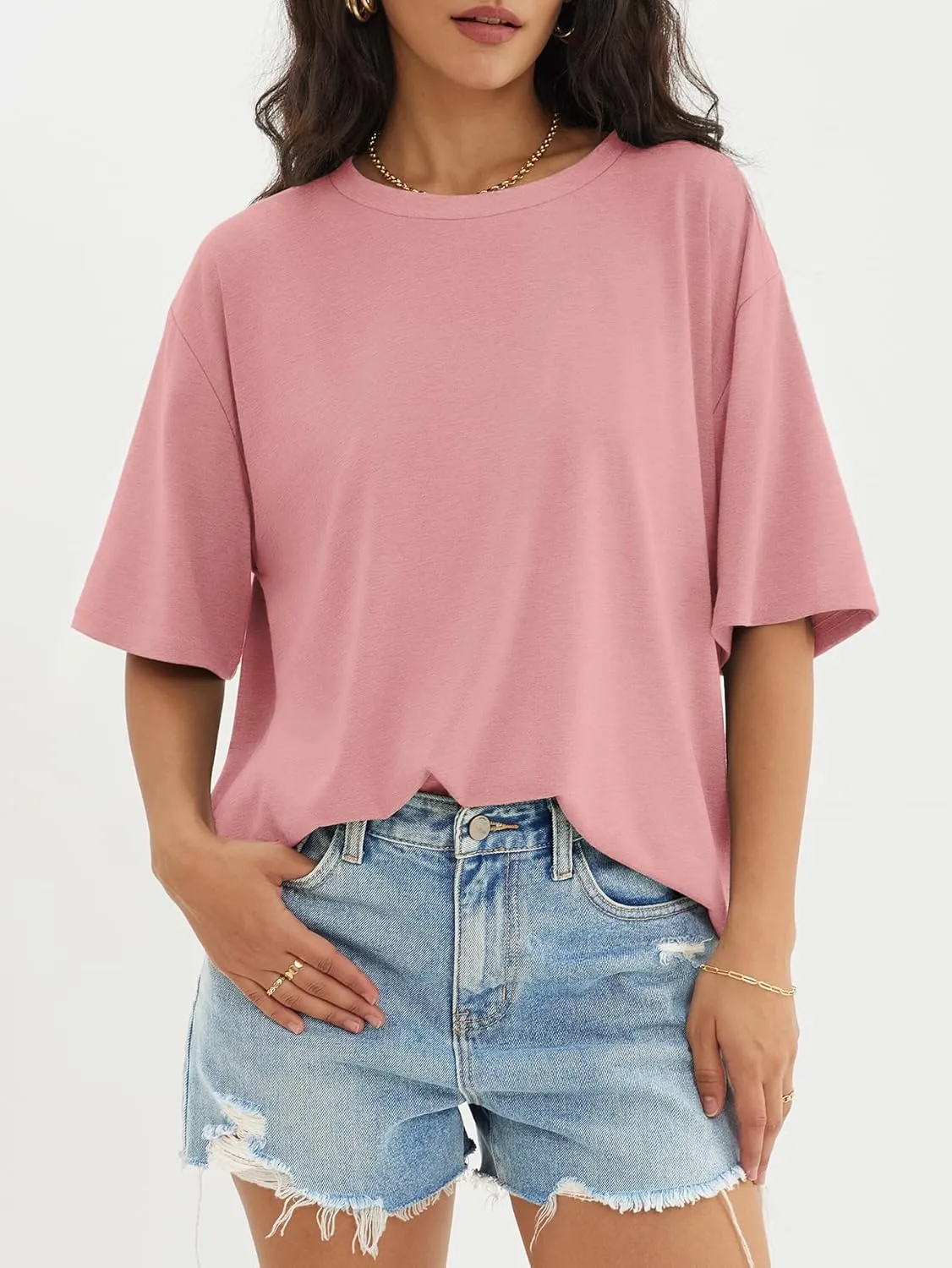 ATHMILE Womens Oversized T Shirts Loose Fit Crewneck Short Sleeve Tops Summer Casual Blouse Y2K 2025 Basic Tee Beach