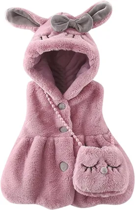 Baby Girl's Rabbit Ear Hoodie Fleece Vest Sleeveless Fuzzy Fleece Hooded Jacket Coat with Bag Winter Warm Outwear