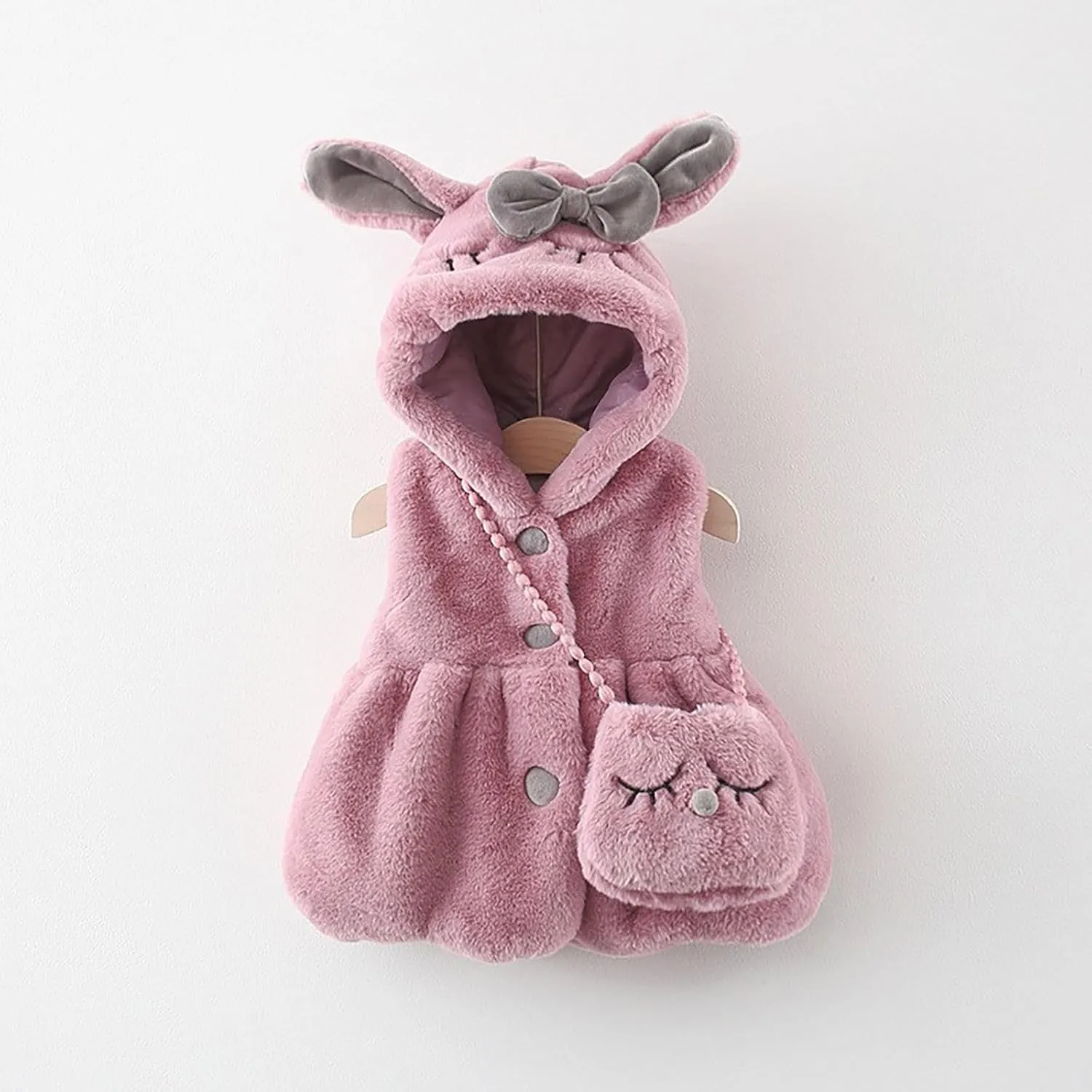 Baby Girl's Rabbit Ear Hoodie Fleece Vest Sleeveless Fuzzy Fleece Hooded Jacket Coat with Bag Winter Warm Outwear