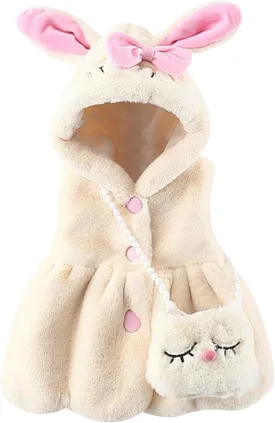 Baby Girl's Rabbit Ear Hoodie Fleece Vest Sleeveless Fuzzy Fleece Hooded Jacket Coat with Bag Winter Warm Outwear