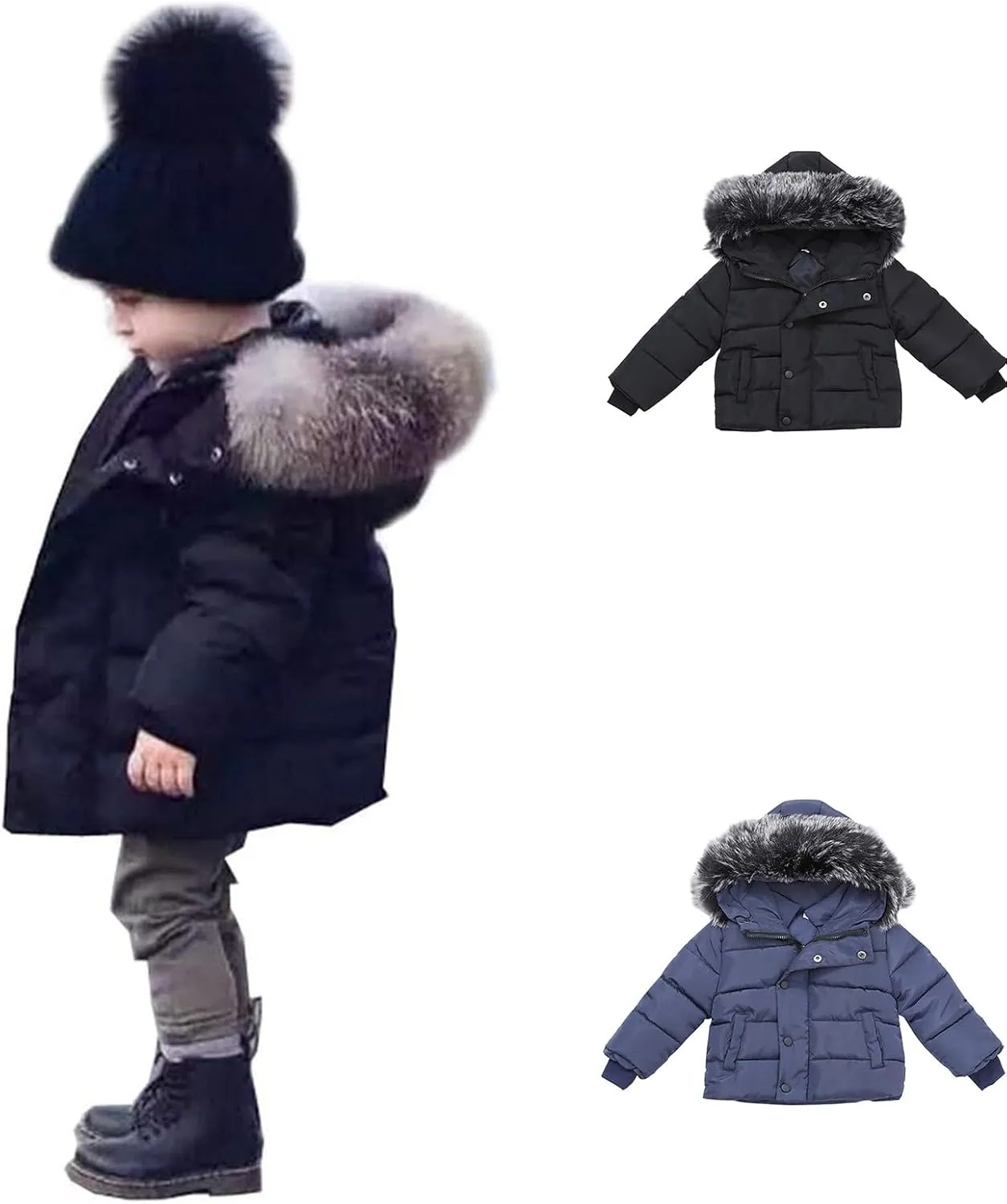Boys and Toddler's Hooded Puffer Jacket with Faux Fur Collar Insulated Parka Baby Winter Coat Padded Down Jacket