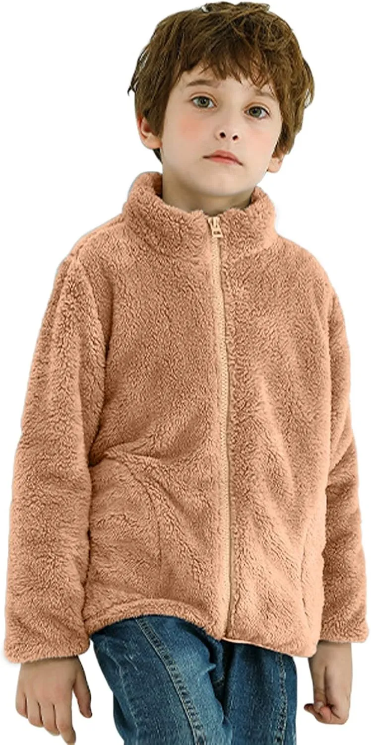 Boys Girls Fuzzy Fleece Jacket Winter Coat Sherpa Fleece Sweatshirt Fall Teddy Coat Kids Lightweight Windproof Jacket