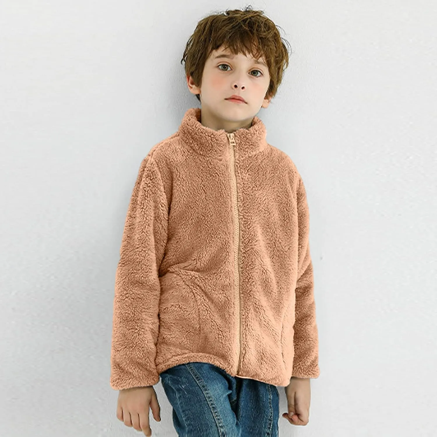 Boys Girls Fuzzy Fleece Jacket Winter Coat Sherpa Fleece Sweatshirt Fall Teddy Coat Kids Lightweight Windproof Jacket