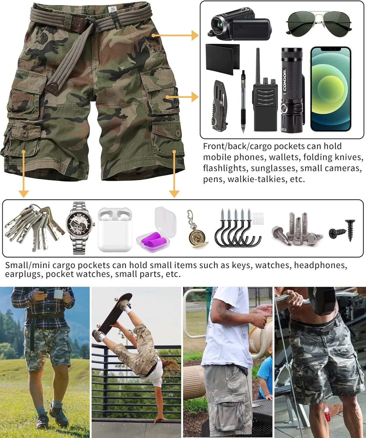 Cargo Short for Men Relaxed Fit Camo Outdoor Hiking Work Cotton Casual Shorts with 9 Pockets No Belt