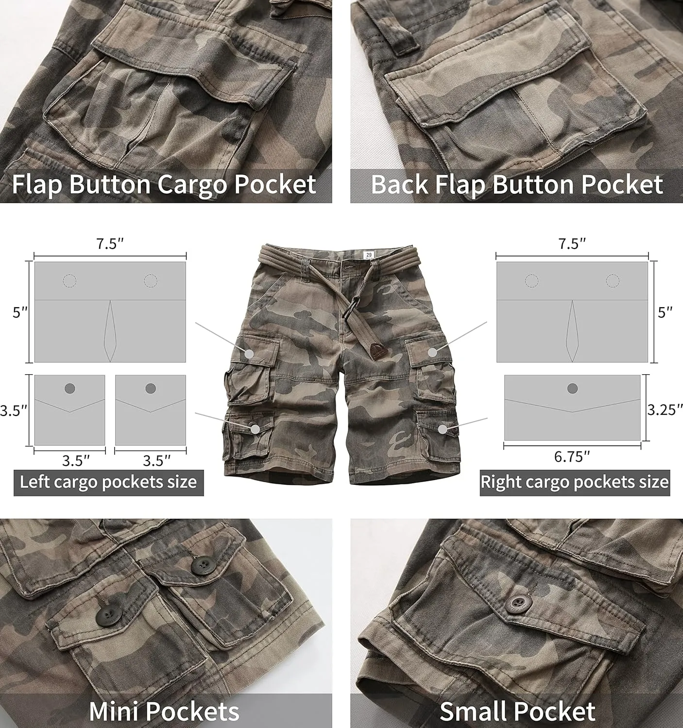 Cargo Short for Men Relaxed Fit Camo Outdoor Hiking Work Cotton Casual Shorts with 9 Pockets No Belt