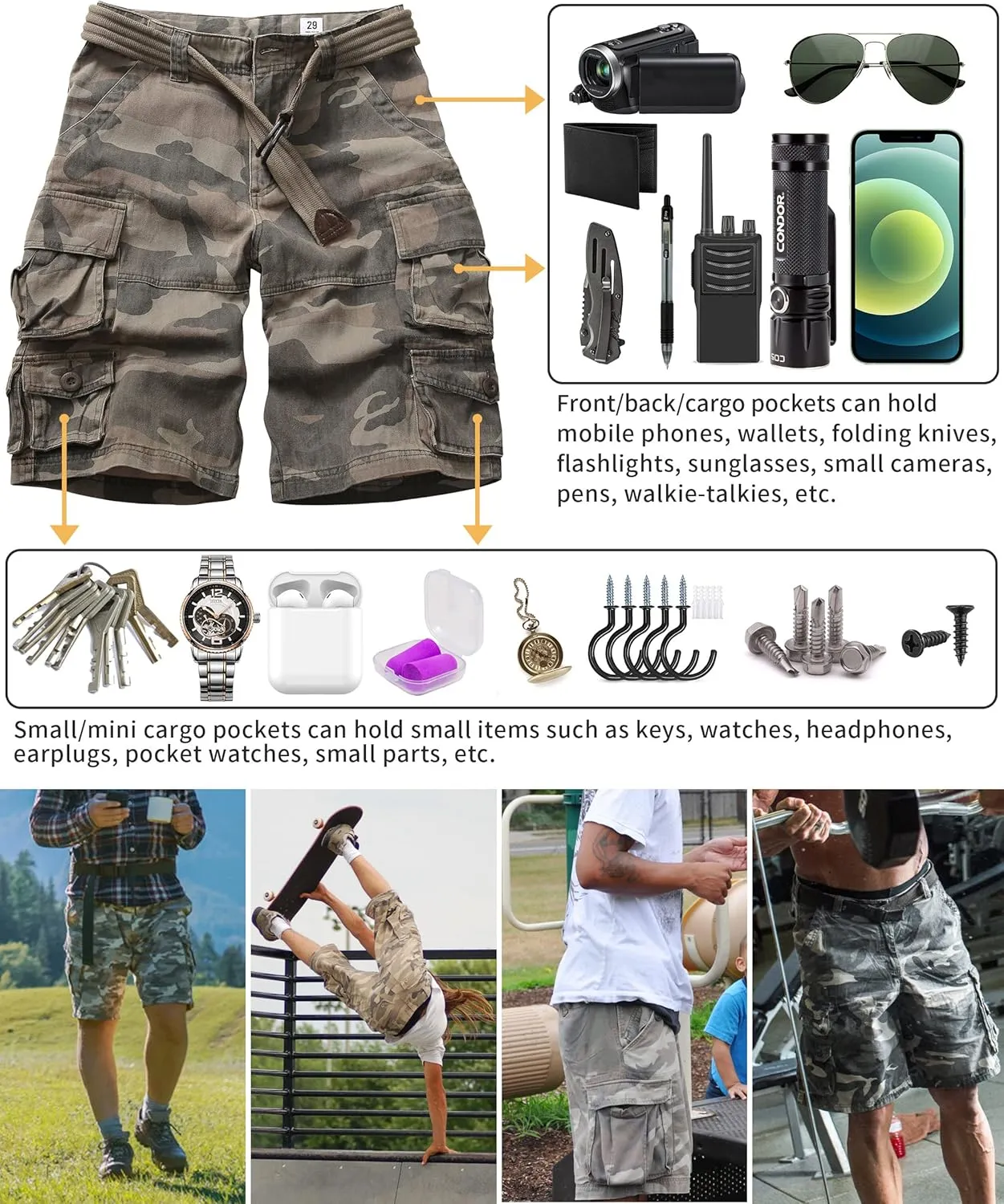 Cargo Short for Men Relaxed Fit Camo Outdoor Hiking Work Cotton Casual Shorts with 9 Pockets No Belt