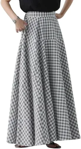 chouyatou Women's Retro Plaid A Line Midi Skirt Gingham High Elastic Waisted Pleated Swing Long Skirt