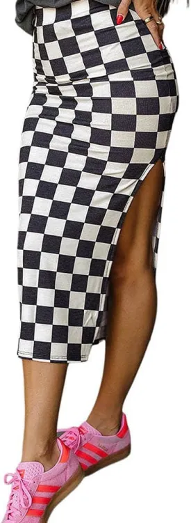 Chvity Plaid Skirts for Women Casual High Waisted Side Slit Classic Checkered Print Stretch Tight Pencil Skirt Trendy