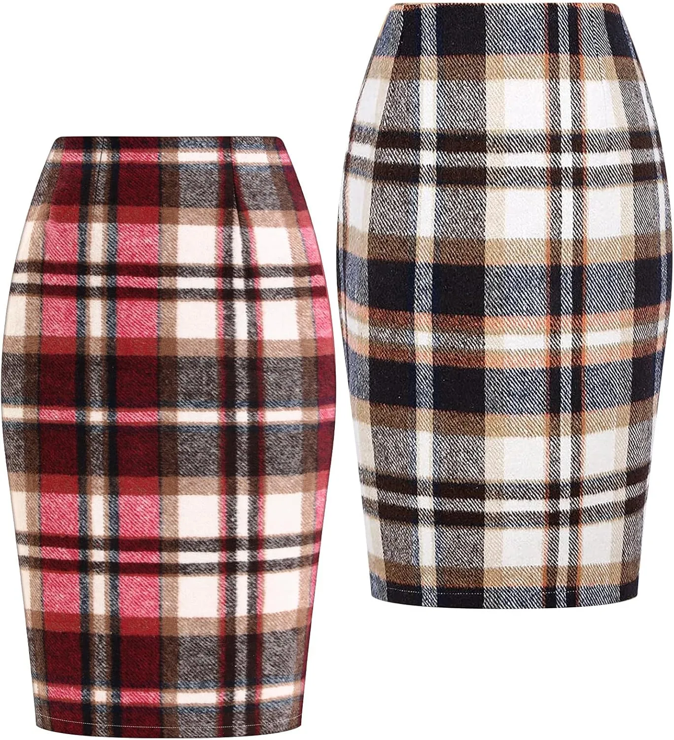 Coume 2 Pack Womens Wool Midi Plaid Skirts 2025 Fall Winter Pencil Knee Length High Waisted Bodycon Skirt with Slit