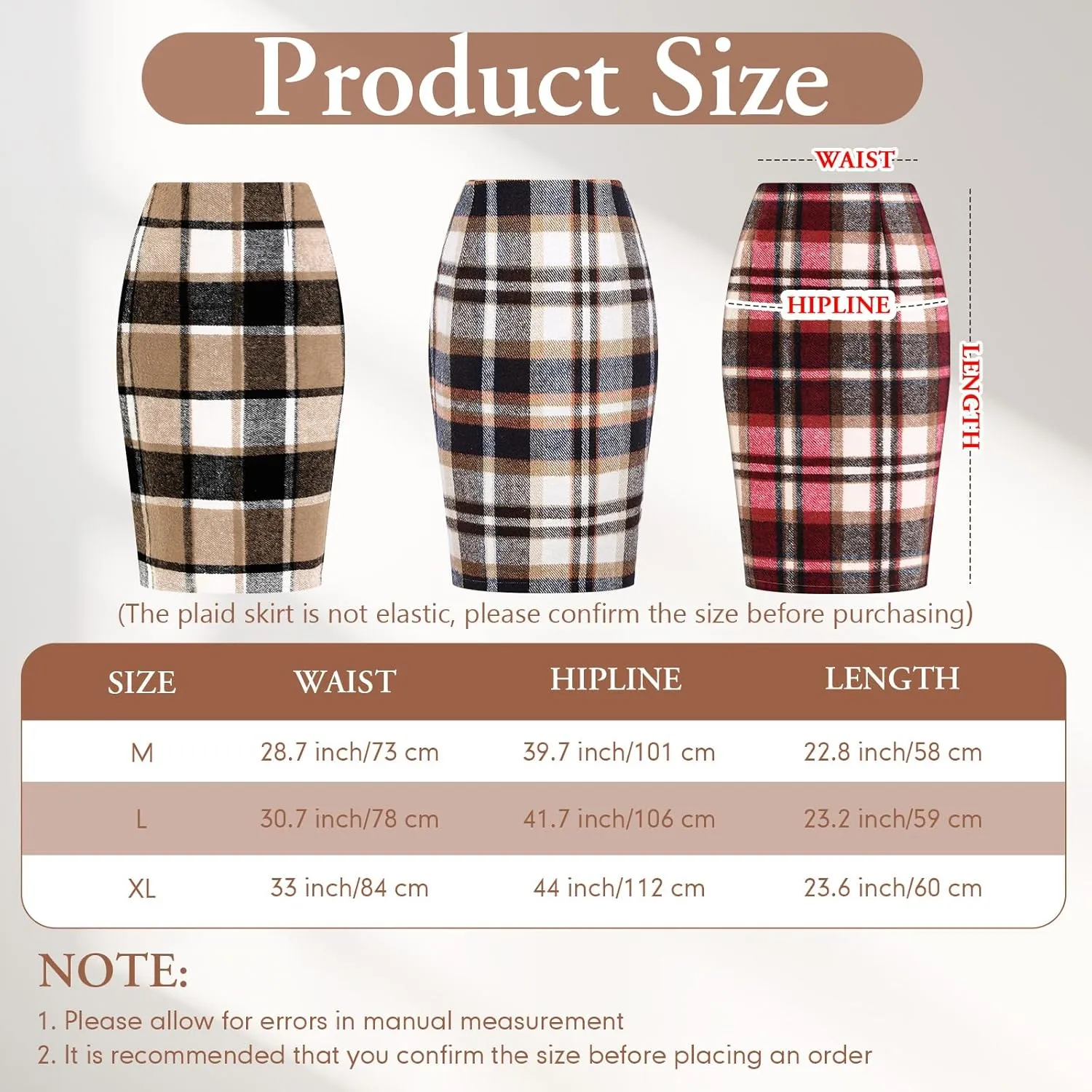 Coume 2 Pack Womens Wool Midi Plaid Skirts 2025 Fall Winter Pencil Knee Length High Waisted Bodycon Skirt with Slit