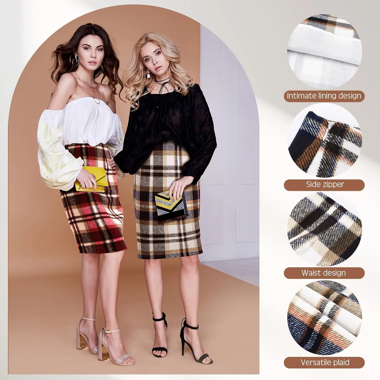 Coume 2 Pack Womens Wool Midi Plaid Skirts 2025 Fall Winter Pencil Knee Length High Waisted Bodycon Skirt with Slit