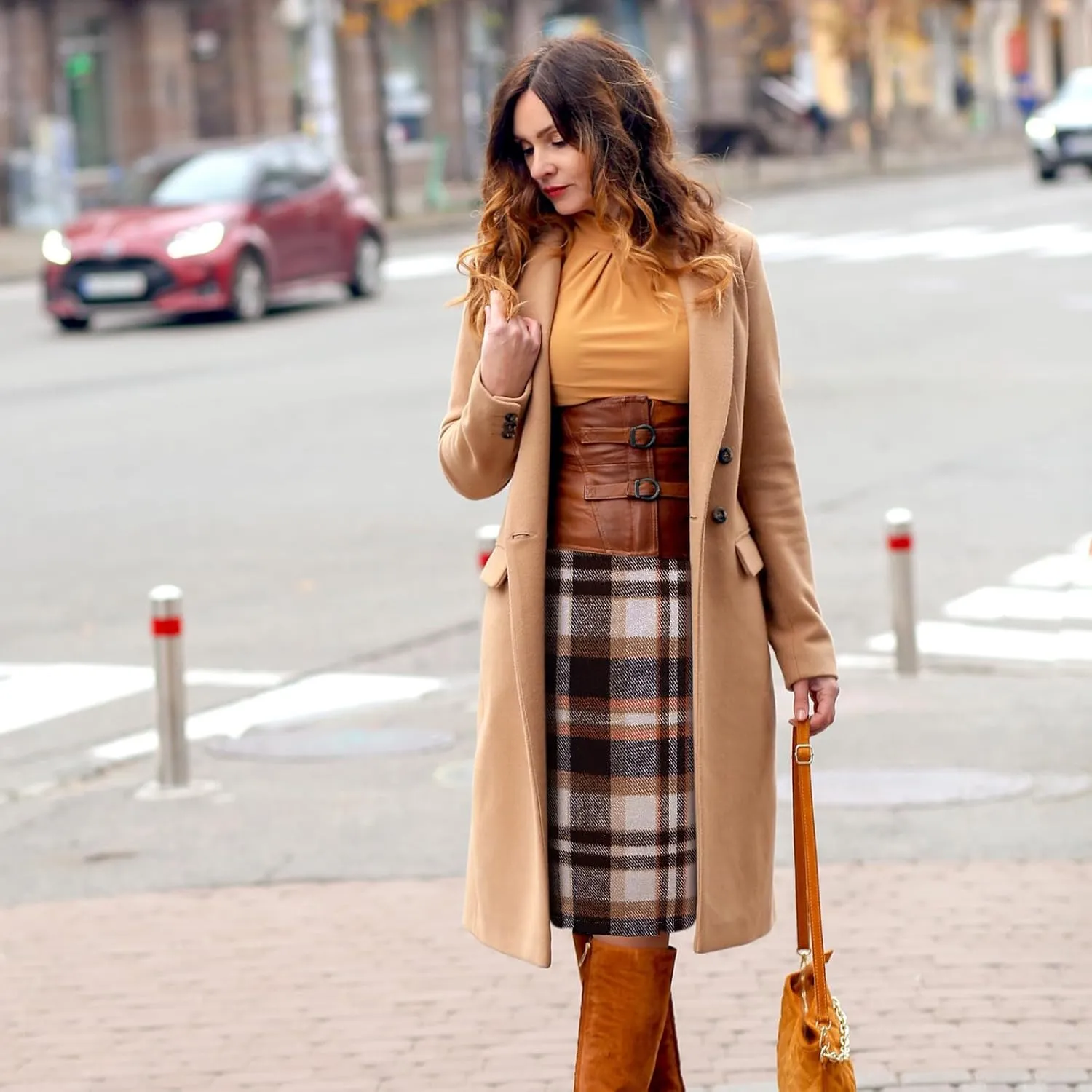 Coume 2 Pack Womens Wool Midi Plaid Skirts 2025 Fall Winter Pencil Knee Length High Waisted Bodycon Skirt with Slit