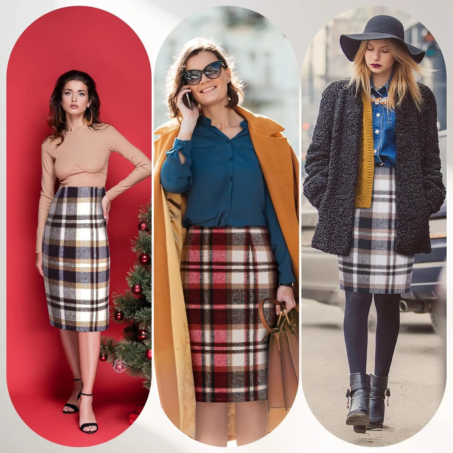 Coume 2 Pack Womens Wool Midi Plaid Skirts 2025 Fall Winter Pencil Knee Length High Waisted Bodycon Skirt with Slit