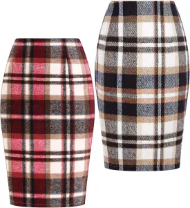 Coume 2 Pack Womens Wool Midi Plaid Skirts 2025 Fall Winter Pencil Knee Length High Waisted Bodycon Skirt with Slit