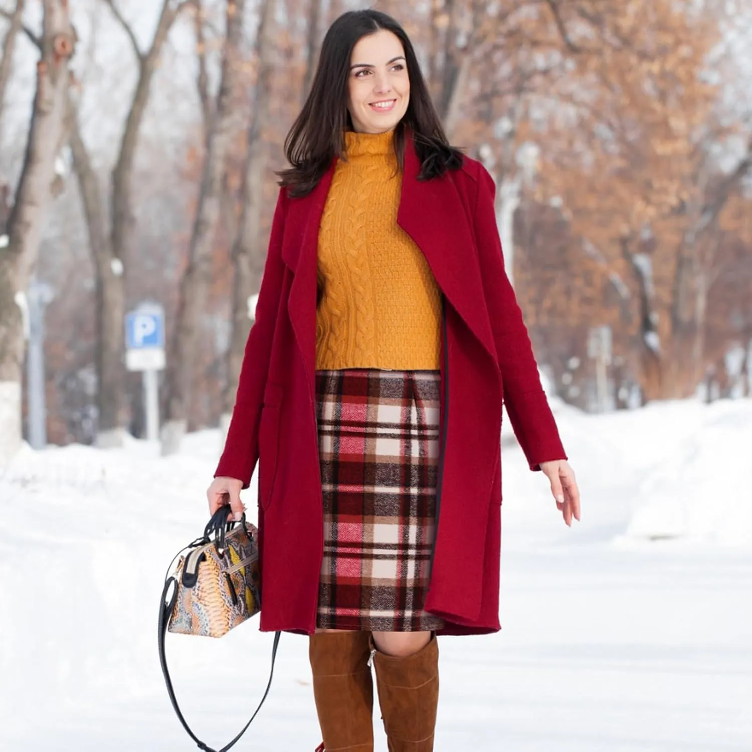 Coume 2 Pack Womens Wool Midi Plaid Skirts 2025 Fall Winter Pencil Knee Length High Waisted Bodycon Skirt with Slit