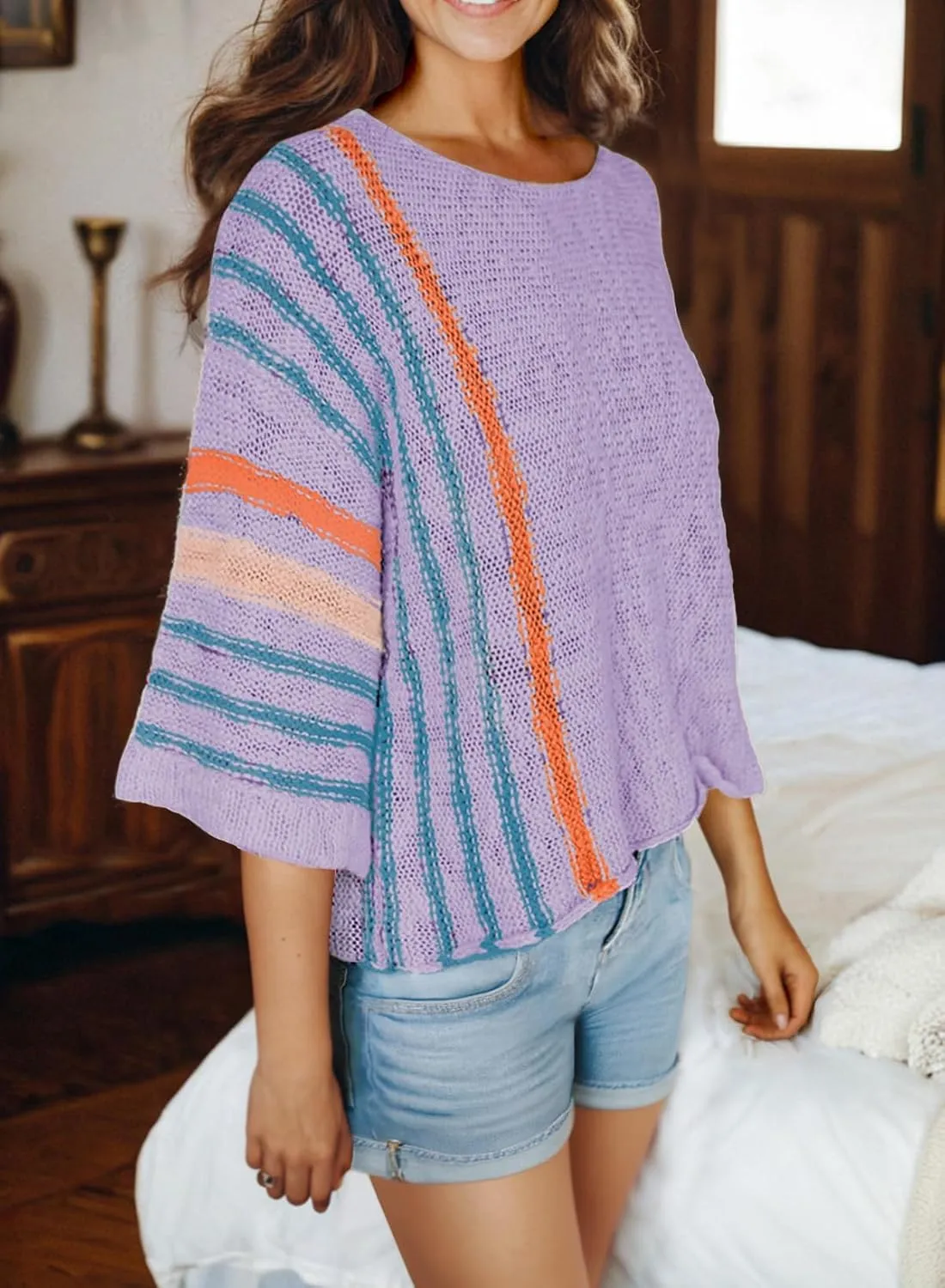Dokotoo Womens 2025 Summer Tops Casual Color Block Striped Lightweight Knit Trendy Boho Clothes Pullover Sweaters