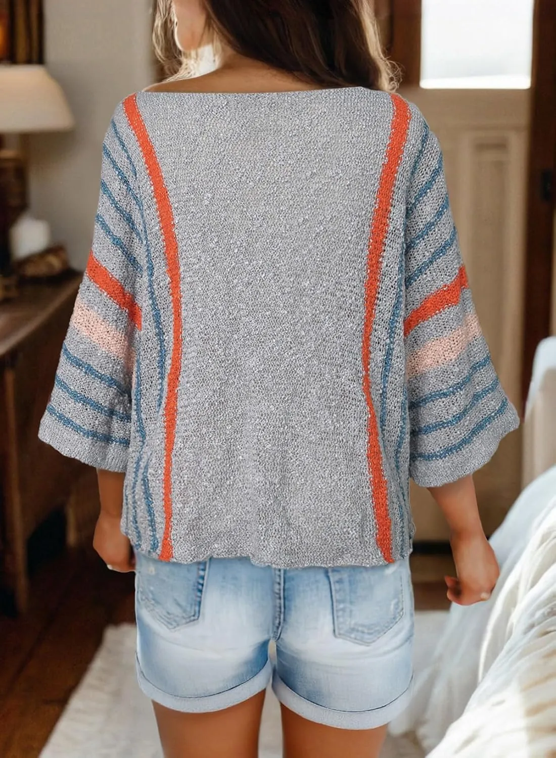 Dokotoo Womens 2025 Summer Tops Casual Color Block Striped Lightweight Knit Trendy Boho Clothes Pullover Sweaters
