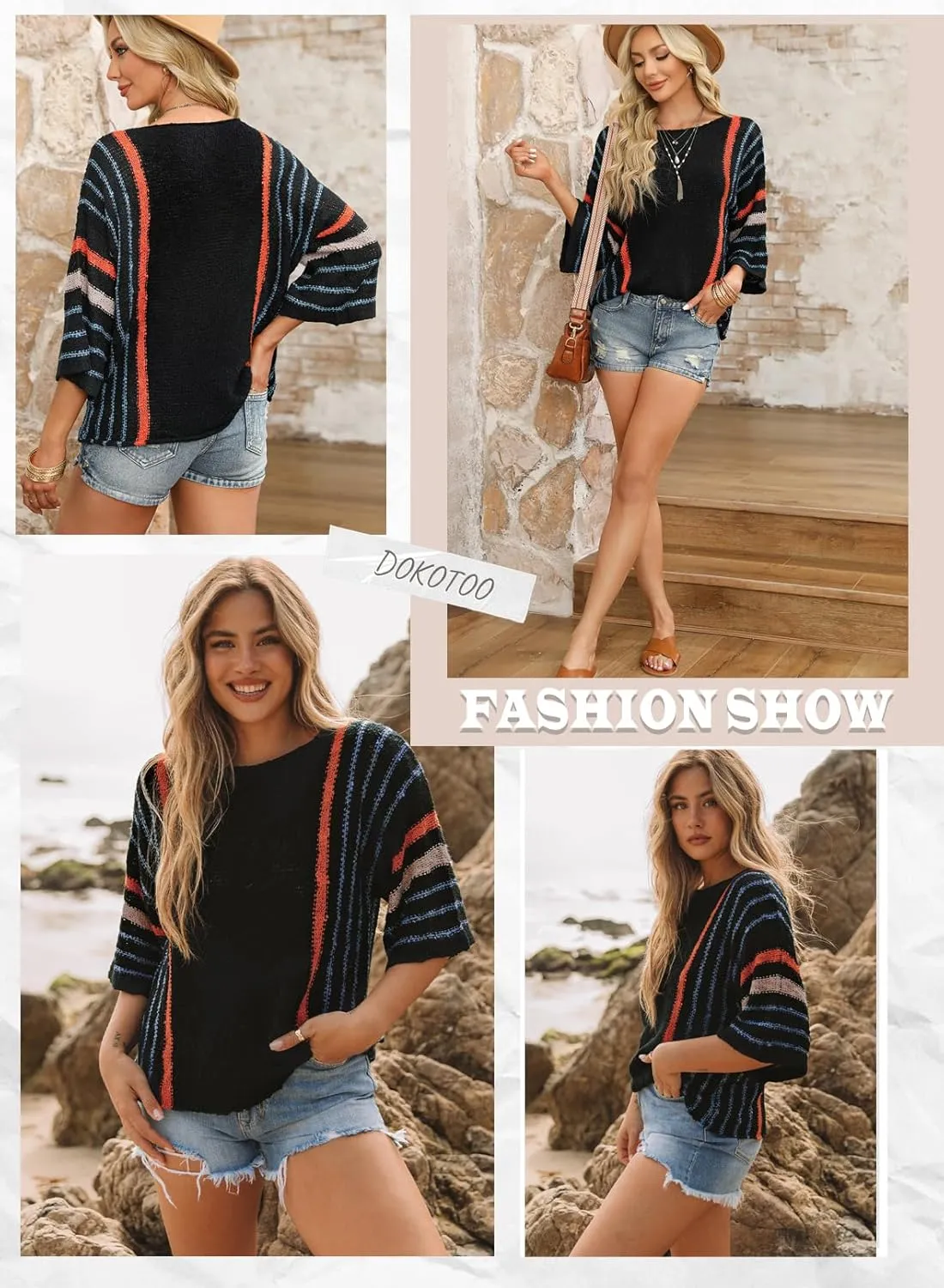 Dokotoo Womens 2025 Summer Tops Casual Color Block Striped Lightweight Knit Trendy Boho Clothes Pullover Sweaters