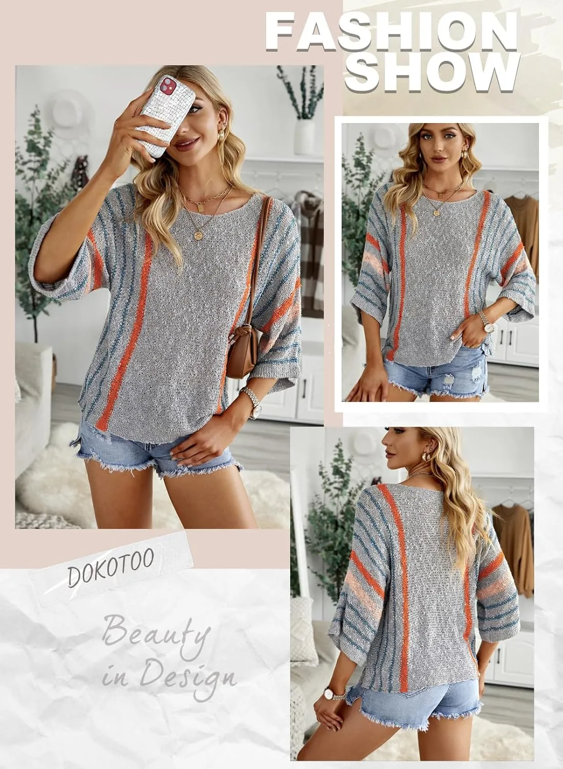 Dokotoo Womens 2025 Summer Tops Casual Color Block Striped Lightweight Knit Trendy Boho Clothes Pullover Sweaters