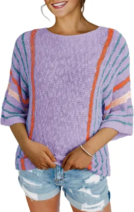 Dokotoo Womens 2025 Summer Tops Casual Color Block Striped Lightweight Knit Trendy Boho Clothes Pullover Sweaters