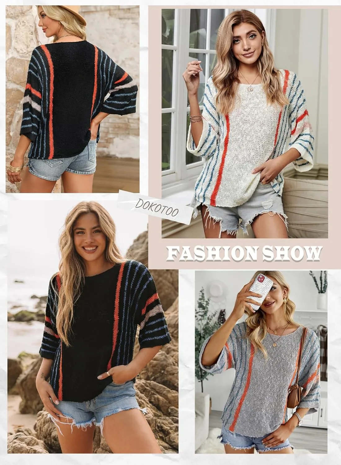 Dokotoo Womens 2025 Summer Tops Casual Color Block Striped Lightweight Knit Trendy Boho Clothes Pullover Sweaters