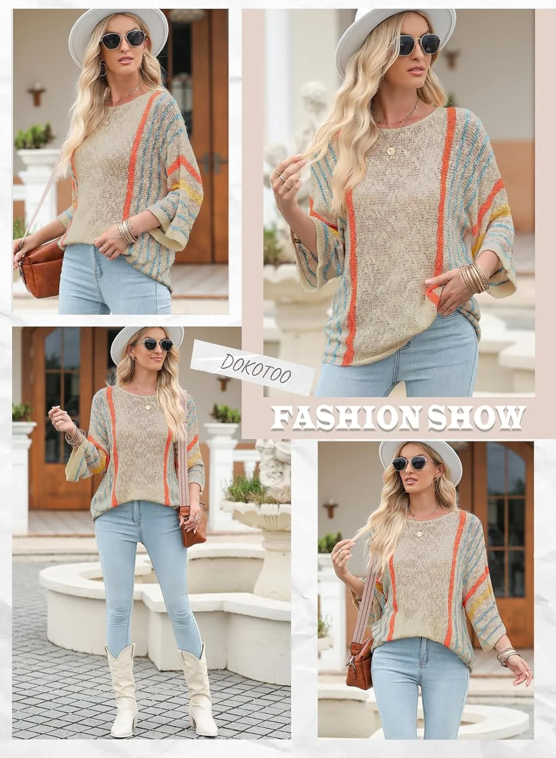 Dokotoo Womens 2025 Summer Tops Casual Color Block Striped Lightweight Knit Trendy Boho Clothes Pullover Sweaters