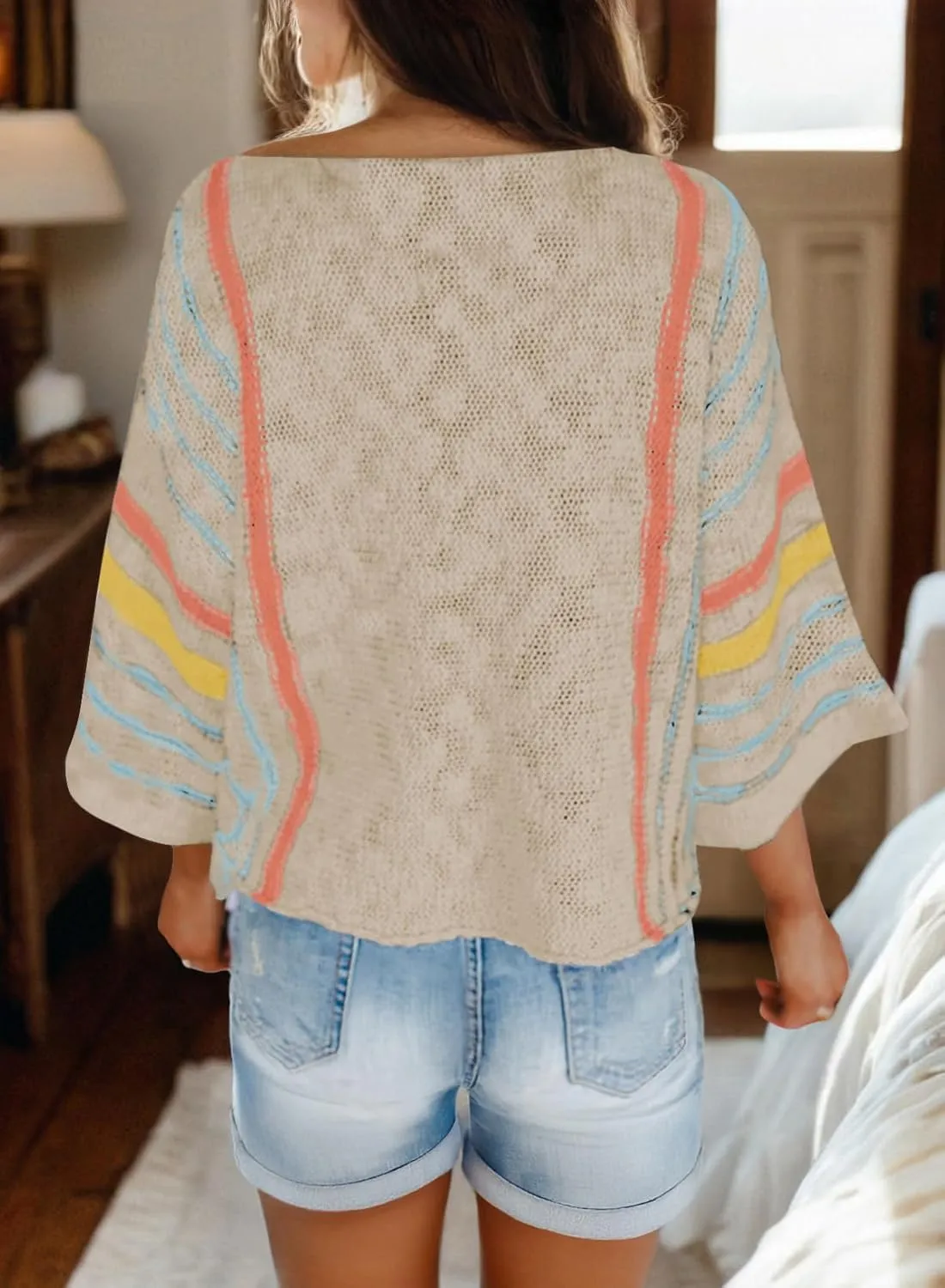 Dokotoo Womens 2025 Summer Tops Casual Color Block Striped Lightweight Knit Trendy Boho Clothes Pullover Sweaters