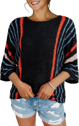 Dokotoo Womens 2025 Summer Tops Casual Color Block Striped Lightweight Knit Trendy Boho Clothes Pullover Sweaters