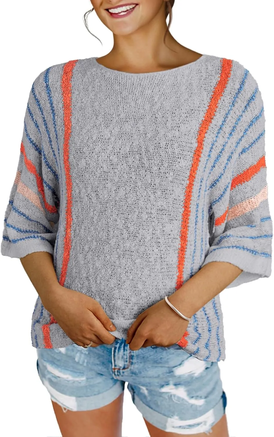 Dokotoo Womens 2025 Summer Tops Casual Color Block Striped Lightweight Knit Trendy Boho Clothes Pullover Sweaters