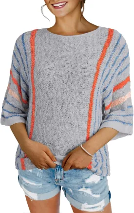 Dokotoo Womens 2025 Summer Tops Casual Color Block Striped Lightweight Knit Trendy Boho Clothes Pullover Sweaters