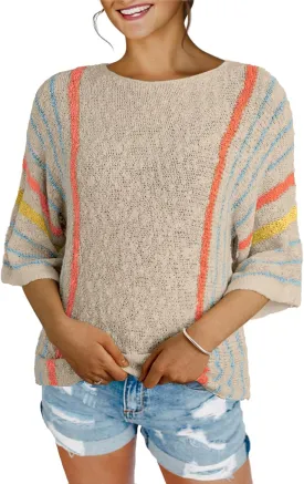 Dokotoo Womens 2025 Summer Tops Casual Color Block Striped Lightweight Knit Trendy Boho Clothes Pullover Sweaters