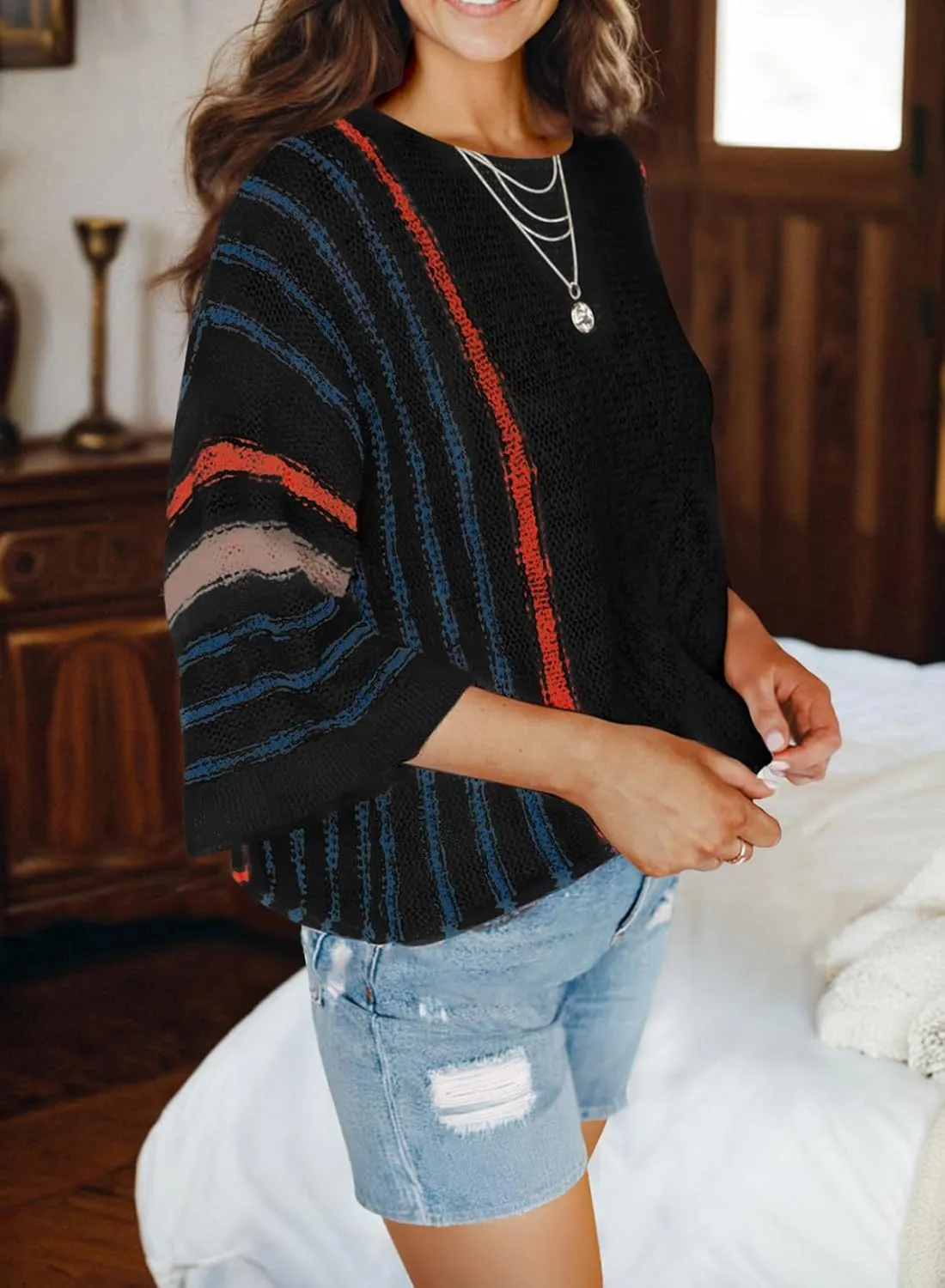 Dokotoo Womens 2025 Summer Tops Casual Color Block Striped Lightweight Knit Trendy Boho Clothes Pullover Sweaters