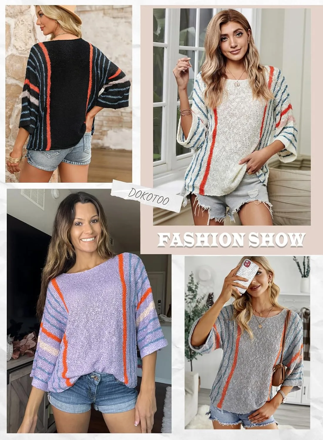 Dokotoo Womens 2025 Summer Tops Casual Color Block Striped Lightweight Knit Trendy Boho Clothes Pullover Sweaters