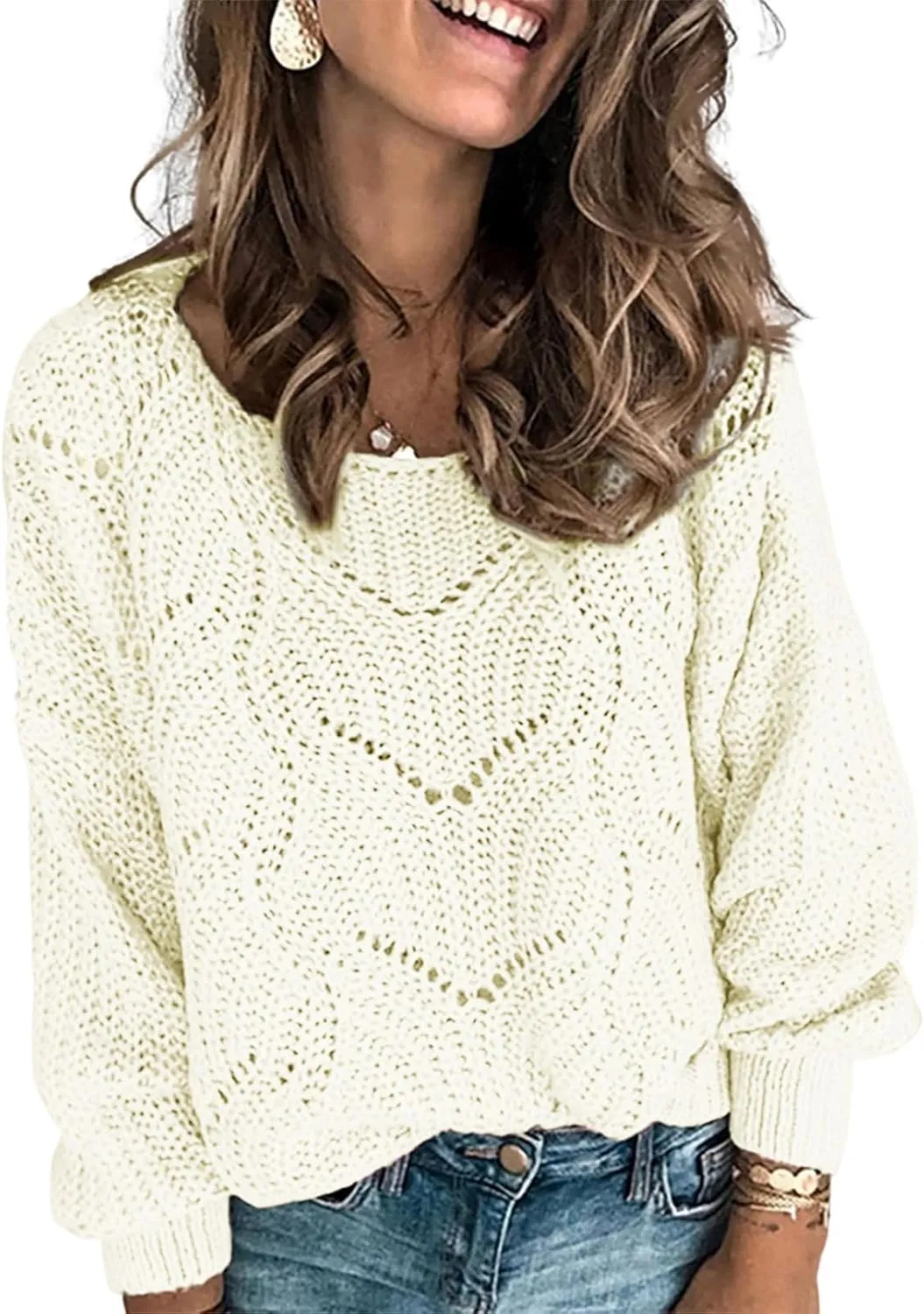 Dokotoo Womens Sweaters 2024 Crewneck Cute Elegant Soft Long Sleeve Hollow Cable Knit Pullover Tops
