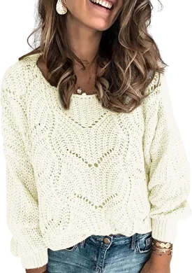 Dokotoo Womens Sweaters 2024 Crewneck Cute Elegant Soft Long Sleeve Hollow Cable Knit Pullover Tops